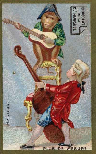 Garçon et singe jouant des instruments de musique ensemble - French School