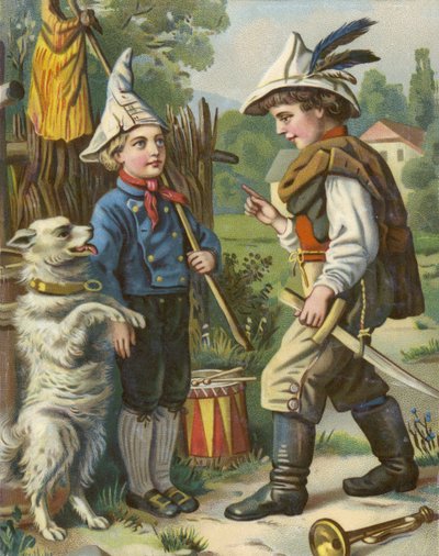 Garçons jouant aux soldats avec leur chien à la campagne - French School