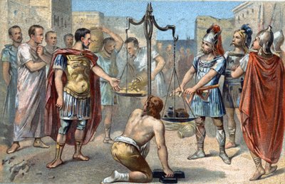 Brennus, chef de la tribu gauloise des Sénons, prononce le fatal Vae victis (Malheur aux vaincus !) en jetant son épée lourde sur le plateau de la balance, ce qui contrebalança le tribut d