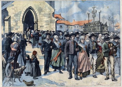 Coutume bretonne : Mariage traditionnel à Plougastel (Finistère, Bretagne). Les mariés quittent l