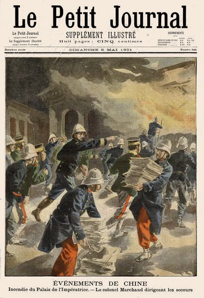 Incendie du Palais Impérial à Pékin pendant la rébellion des Boxers de 1900-01, couverture de Le Petit Journal, 5 mai 1901 - French School