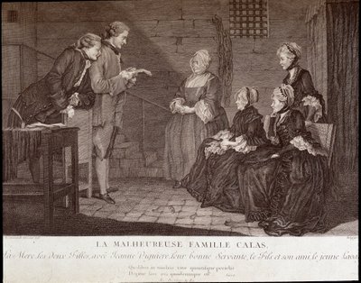 Affaire Calas : La malheureuse famille de Jean Calas (mort en 1762) : la mère, les deux filles, avec Jeanne Viguière, leur bonne servante, le fils et son ami, v.1762 - French School