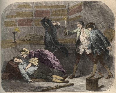 Affaire Calas : le 13 octobre 1761, Marc Antoine Calas trouvé mort dans la boutique familiale à Toulouse - Gravure dans « Causes célèbres de tous les peuples » par Armand Fouquier (1817-18?) 1858-1867 - collection privée - French School