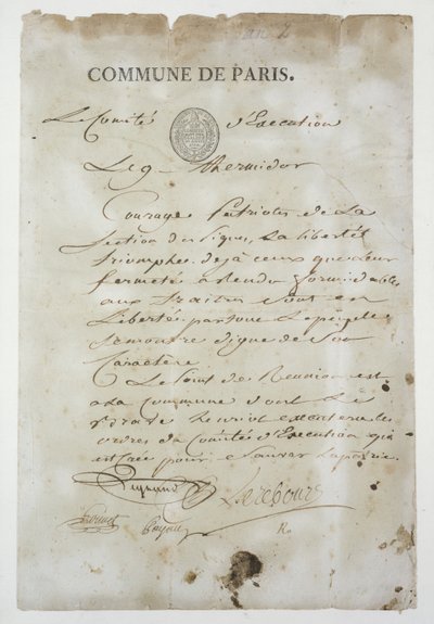 Appel de Maximilien de Robespierre à rejoindre la Commune, 9 Thermidor An 2 (27 juillet 1794) - French School