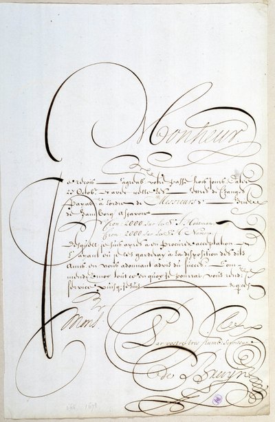Calligraphie : Lettre de comptes calligraphiée vers 1678 par François de Bruyn. - French School
