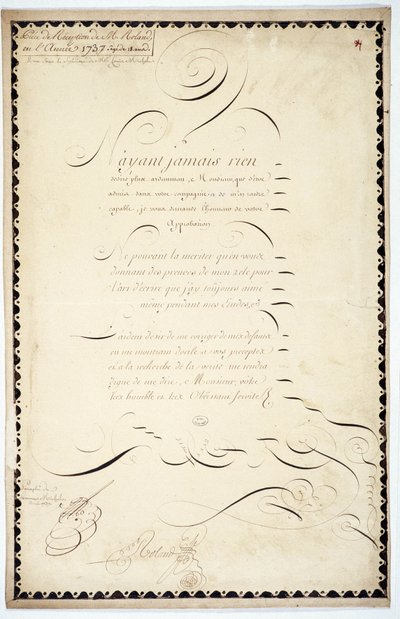 Calligraphie : Pièce de réception datée de 1737 par André François Roland. - French School