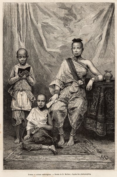 Femme cambodgienne et enfants, gravure d