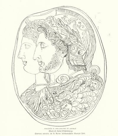 Camée du pharaon égyptien antique Ptolémée Philadelphe et de sa femme Arsinoé, 3ème siècle av. J.-C. (gravure) - French School