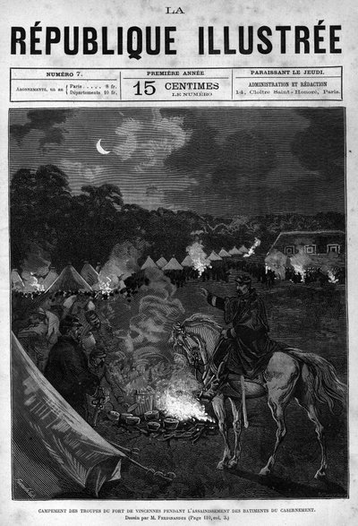 Camp des troupes du Fort de Vincennes lors du nettoyage des bâtiments de cantonnement. Un journal. Gravure de 1880 dans « La république illustrée » collection privée. - French School