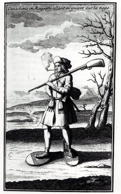 Canadien avec des raquettes allant à la guerre sur la neige, extrait de Histoire de l