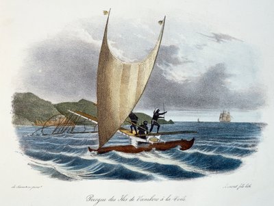 Canoë avec voile des îles Vanikoro, Îles Salomon, gravure en couleur du Voyage de découverte de l