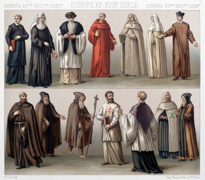 Chanoines du Saint-Sépulcre en Pologne. En haut : costumes des XVIIe et XVIIIe siècles. En bas : costumes de l
