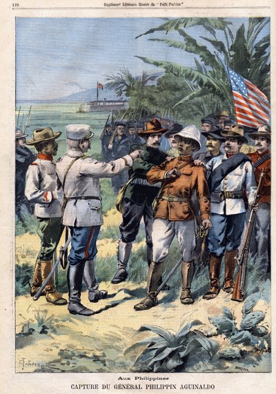 Capture du général et homme politique philippin Emilio Aguinaldo (1869-1964) aux Philippines, dans "Le Petit Parisien" le 14/04/1901 (gravure). - French School