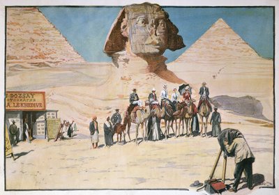 Caravane de touristes photographiée devant le Sphinx à Gizeh - French School