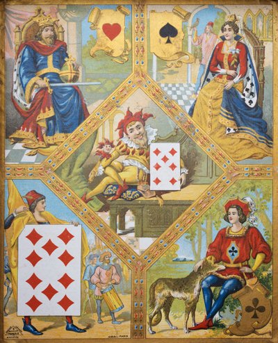 Jeu de cartes, assiette avec Roi de cœur, Reine de pique, Dix de carreau et Valet de trèfle, nain Lindoro avec Sept de carreau au centre, France - French School