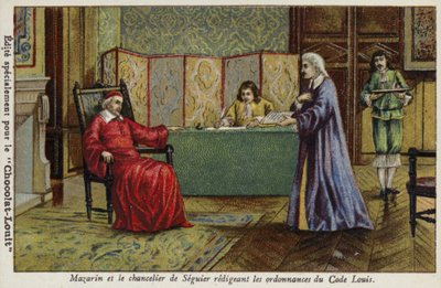 Le cardinal Mazarin et le chancelier Séguier rédigeant les ordonnances du Code Louis - French School