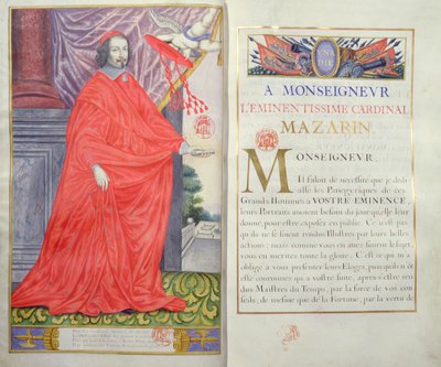 Cardinal Mazarin, illustration et dédicace de Les Panégyriques des Hommes Illustres de Notre Siècle par Puget de la Serre, 1655 - French School