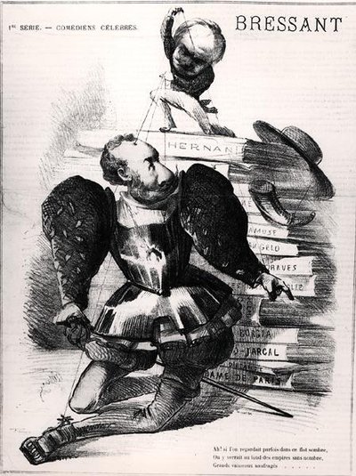 Caricature de Jean Baptiste François Bressant (1815-86) en Don Carlos dans 