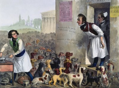 Caricature de Parisiens face à des chiens enragés, vers 1840 - French School