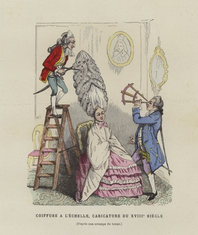 Caricature sur les coiffures des femmes françaises du XVIIIe siècle - French School