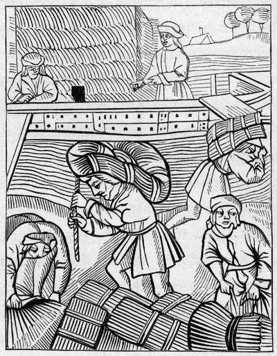 Porteurs de foin au Moyen Âge. Gravure dans "La Marine et les colonies : commerce" - French School