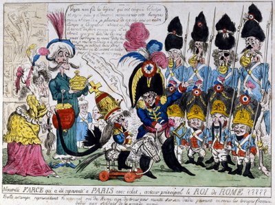 Caricature de Napoléon Ier (1769 - 1821) et de son fils, le roi de Rome (1811 - 1832) : ce dernier sur son cheval à bascule passe en revue les troupes de l