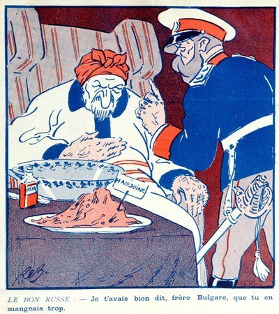 Caricature critiquant le comportement avide de la Bulgarie lors du partage de la Macédoine pendant les guerres balkaniques de 1912-13 - French School