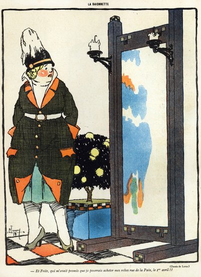 Caricature représentant une dame allemande déçue de ne pas pouvoir acheter ses nouveaux vêtements à Paris dans la rue de la Paix, de l