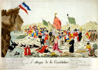 Caricature montrant des membres de divers groupes attaquant un rocher, identifié comme "Constitution française", sur lequel repose le drapeau français avec l