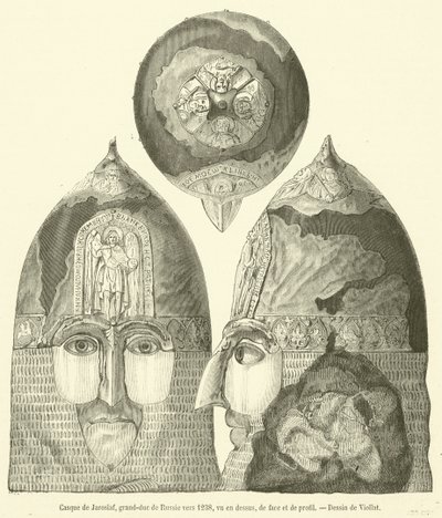 Casque de Jaroslaf, grand-duc de Russie vers 1238, vu en dessus, de face et de profil - French School