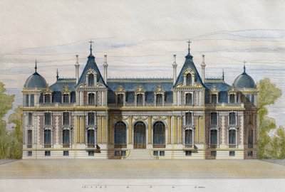 Château de Neuflize appartenant aux frères Pate, façade du jardin, illustration du Moniteur des architectes, 1884, gravée par F. Penel - French School