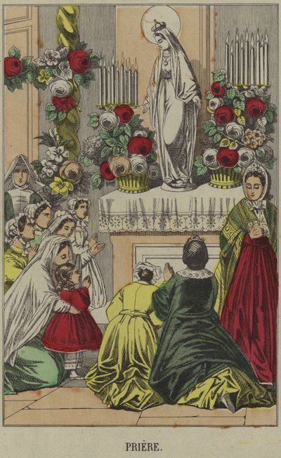Catholiques priant devant une statue de la Vierge Marie - French School