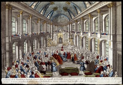 Cérémonie de la bénédiction nuptiale donnée dans la chapelle de Versailles le 16 mai 1770 par Louis Auguste, dauphin de France (Louis XVI), et Marie-Antoinette d