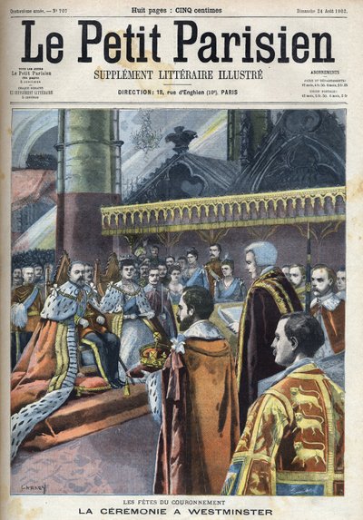Cérémonie du couronnement à Westminster : le roi Édouard VII (1841-1910) et Alexandra du Danemark (1844-1925), dans "Le Petit Parisien" - French School