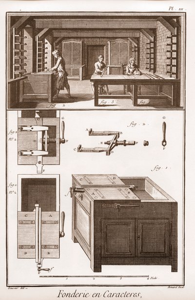 Fonderie de caractères - "La Grande Encyclopédie, ou Dictionnaire Raisonné des Sciences, des Arts et des Métiers" par Denis Diderot (1713-1784) et Jean d