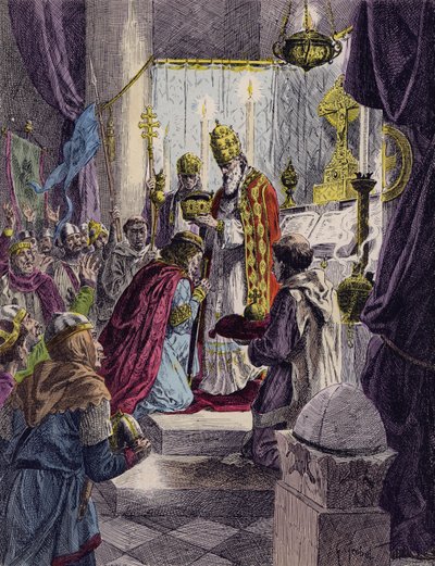 Charlemagne couronné empereur romain par le pape Léon III, Rome, 800 (lithographie en couleurs) - French School
