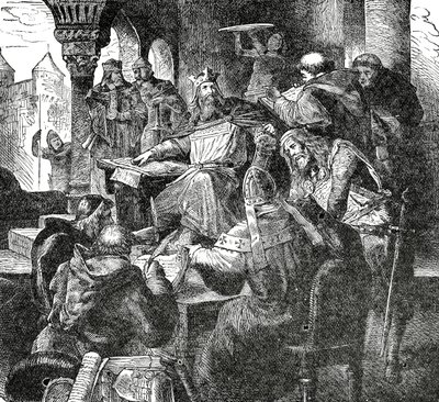 Charlemagne avec les élèves et les enseignants de son école palatine à Aix-la-Chapelle, vers 1890 - French School