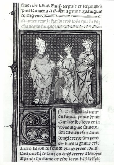 Charles III le Simple avec sa femme et son fils, Louis IV, Grandes Chroniques de France, 1375-79 - French School