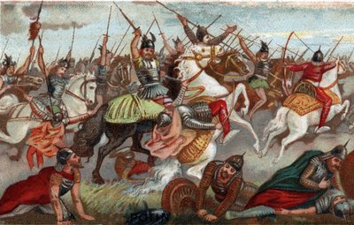 Charles Martel arrêtant les musulmans à la bataille de Poitiers en 732. Chromolithographie du 19ème siècle. - French School