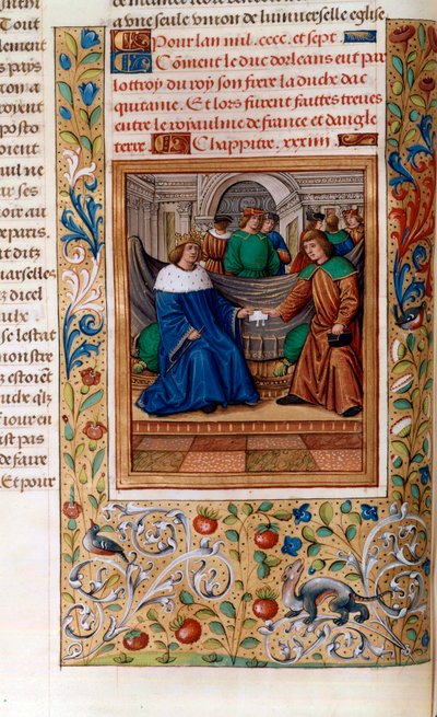 Charles VI et Henri V signant le "Traité de Troyes" en 1420, illustration des "Chroniques de Monstrelet" - French School