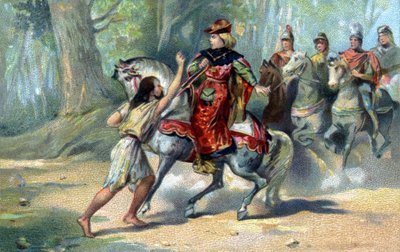 Charles VI en proie à la folie dans la forêt du Mans. Chromolithographie de la fin du XIXe siècle - French School