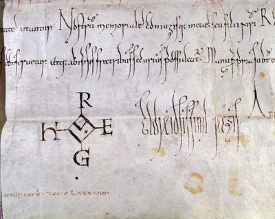 Charte signée par Hugues I Capet (941-996), roi de France, 988 (plume et encre sur papier) (détail) - French School