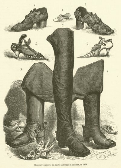 Chaussures exposées au Musée historique du costume, en 1874 - French School