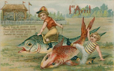 Enfants jockeys courant des poissons, carte du 1er avril 1913 - French School