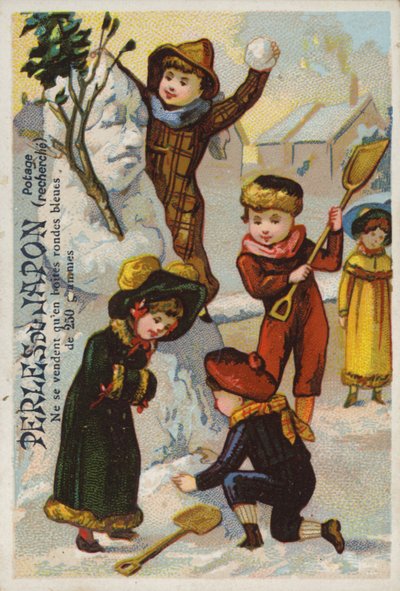 Enfants construisant un bonhomme de neige, Perles Du Japon - French School