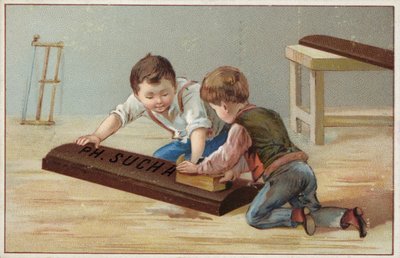 Enfants construisant une grande barre de chocolat en bois, publicité pour le chocolat Suchard - French School