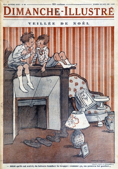 Enfants assis sur la cheminée, tendant un piège au Père Noël, pour le journal de Noël 1930 "Le Dimanche illustré" (gravure) - French School