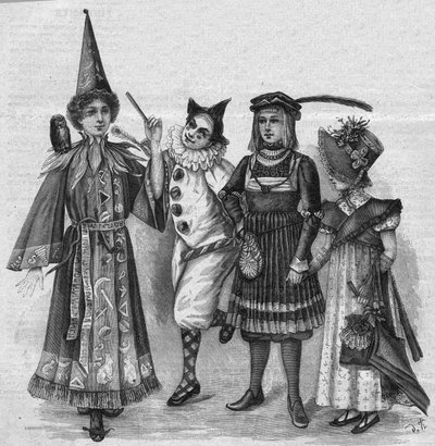 Vêtements pour enfants : costumes de sorcière, clown, page et "Empire". Gravure dans "La gazette du dimanche" du 23 janvier 1896. - French School