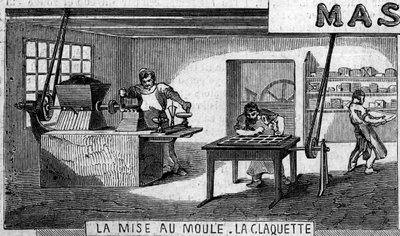 Fabrication de chocolat : pesée et moulage, tap. Usine de M. Masson, Paris - French School