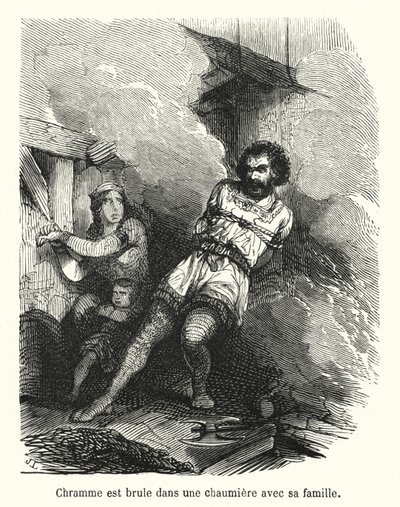 Chramme est brûlé dans une chaumière avec sa famille (gravure) - French School